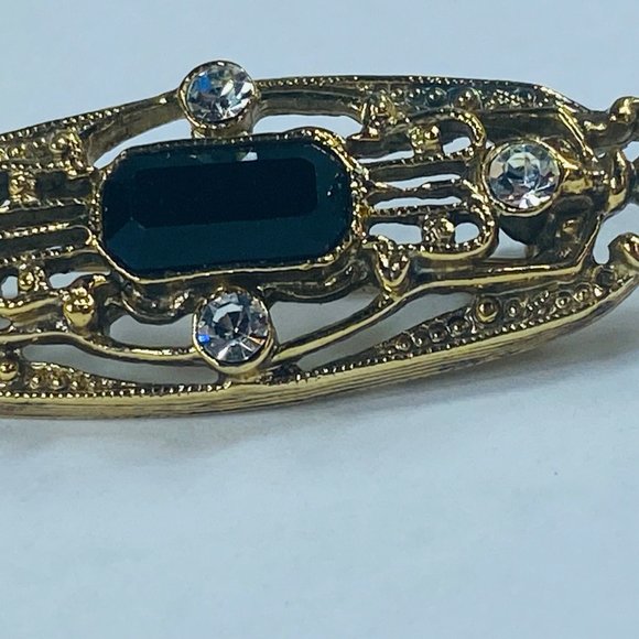 Art Deco Pin Brooch Gold Tone Faux Black Onyx Clear Rhinestone Vintage Jewelry - Picture 13 of 16